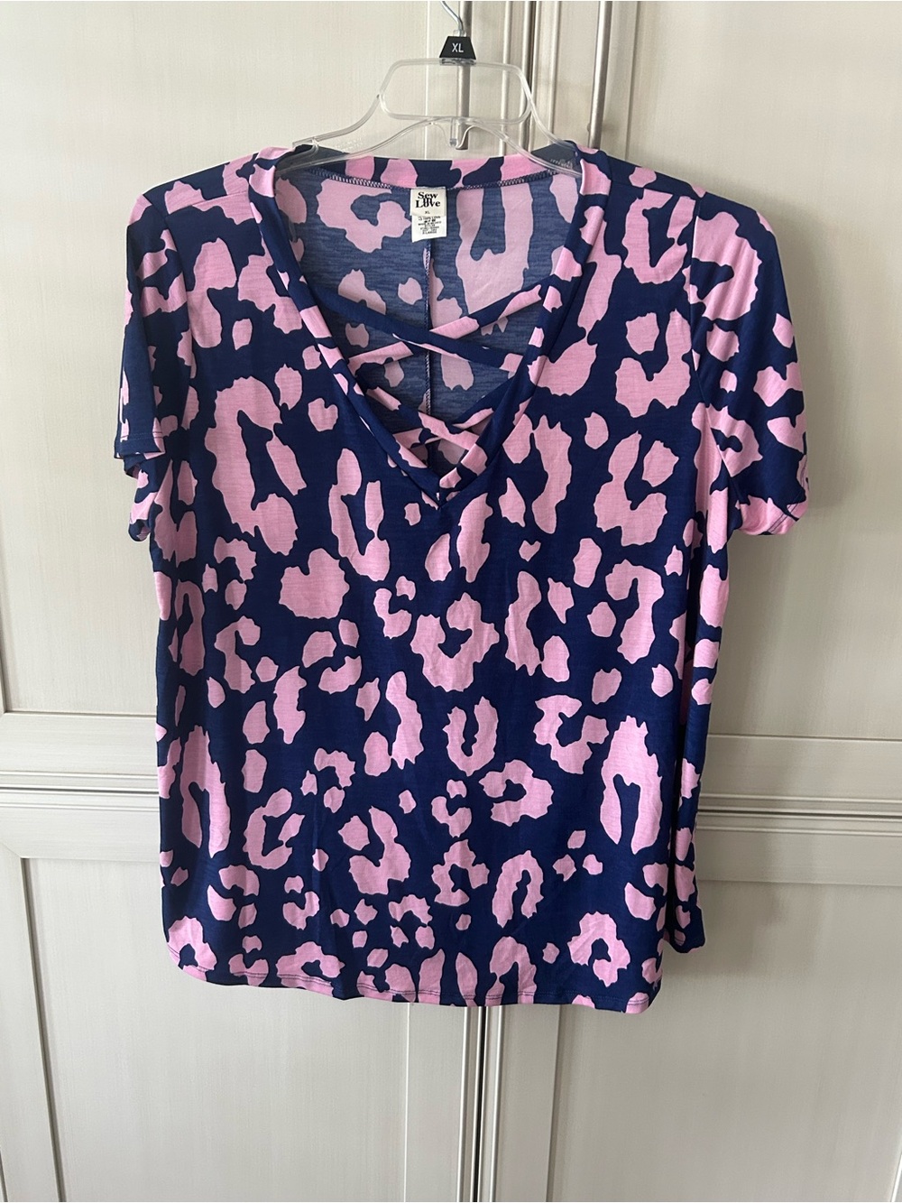Sew In Love Pink and Navy Leopard Print Crisscross V-Neck Short Sleeve Top